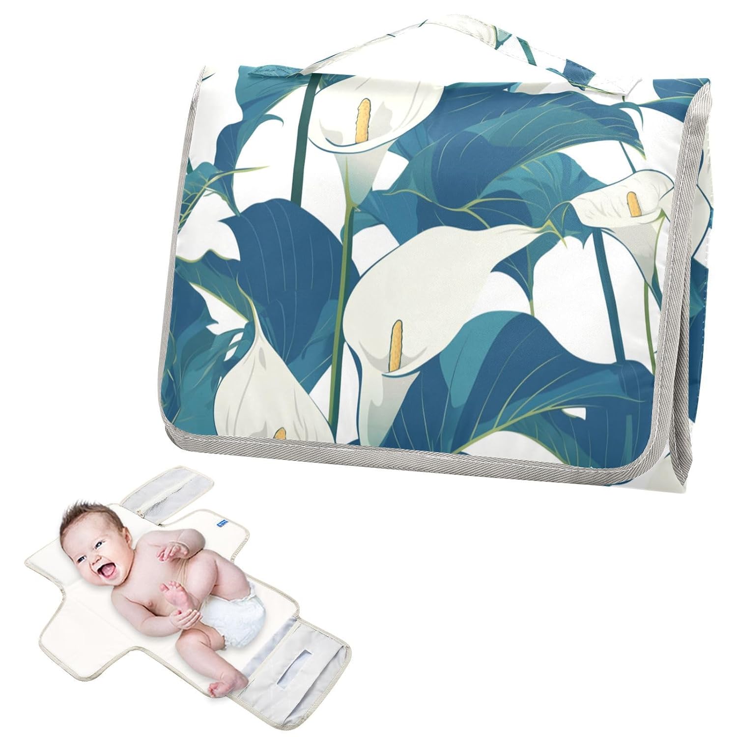 Retro Calla Lily Flowers White Green Reusable Changing pad Portable with Tissue Pocket Waterproof Changing pad for Moms, Dads cambiadores de pa?ales para Bebes