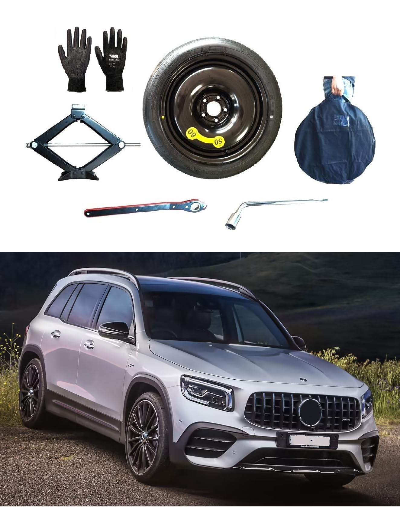 Notrad 18" kompatibel mit Mercedes GLB Wagenheber Schlüssel Handschuhe Tasche
