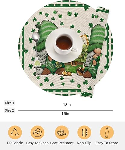 Miniatura 7 de Set of 2 Placemats for Dining Table, St. Patrick's Day Clover Gnome Plaid 15 Inch Decorative Round Braided Place Mat for Kitchen Living Room Parties