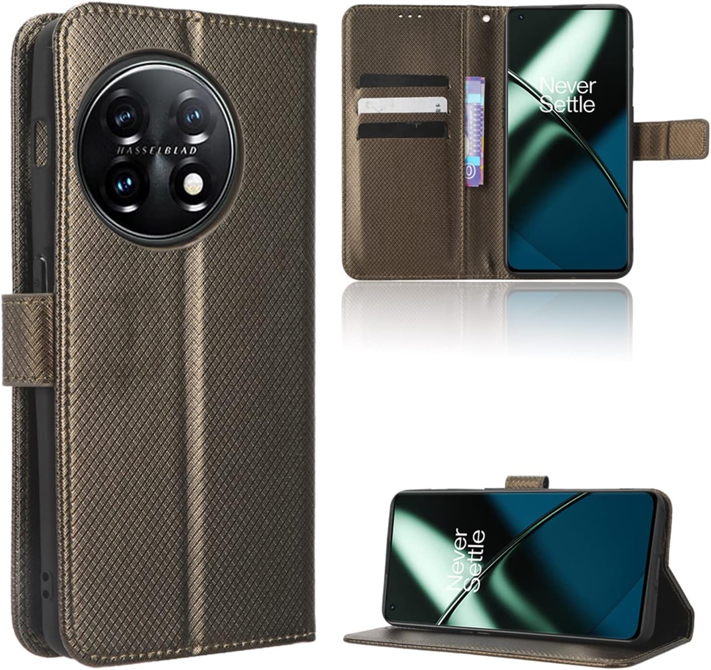 ISILA Shockproof Multifunction Phone Holder Compatible with Oneplus 11 5G Flip Cover Lanyard Leather Case Business Anti-Fall Protective Shell Waller Clip (Brown,Oneplus 11 5G)
