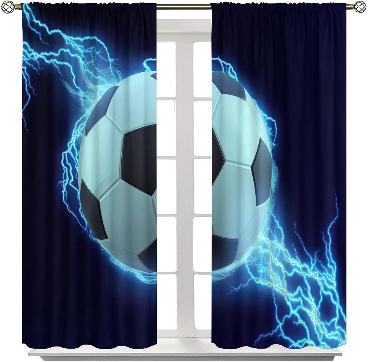 Sports Soccer Ball Blackout Window Curtains, Blue Lightning Soccer Sports Theme Rod Pocket Curtains, for Kids Boys Girls Teens Bedroom Living Room 21(W)*45(L) 2 Panels
