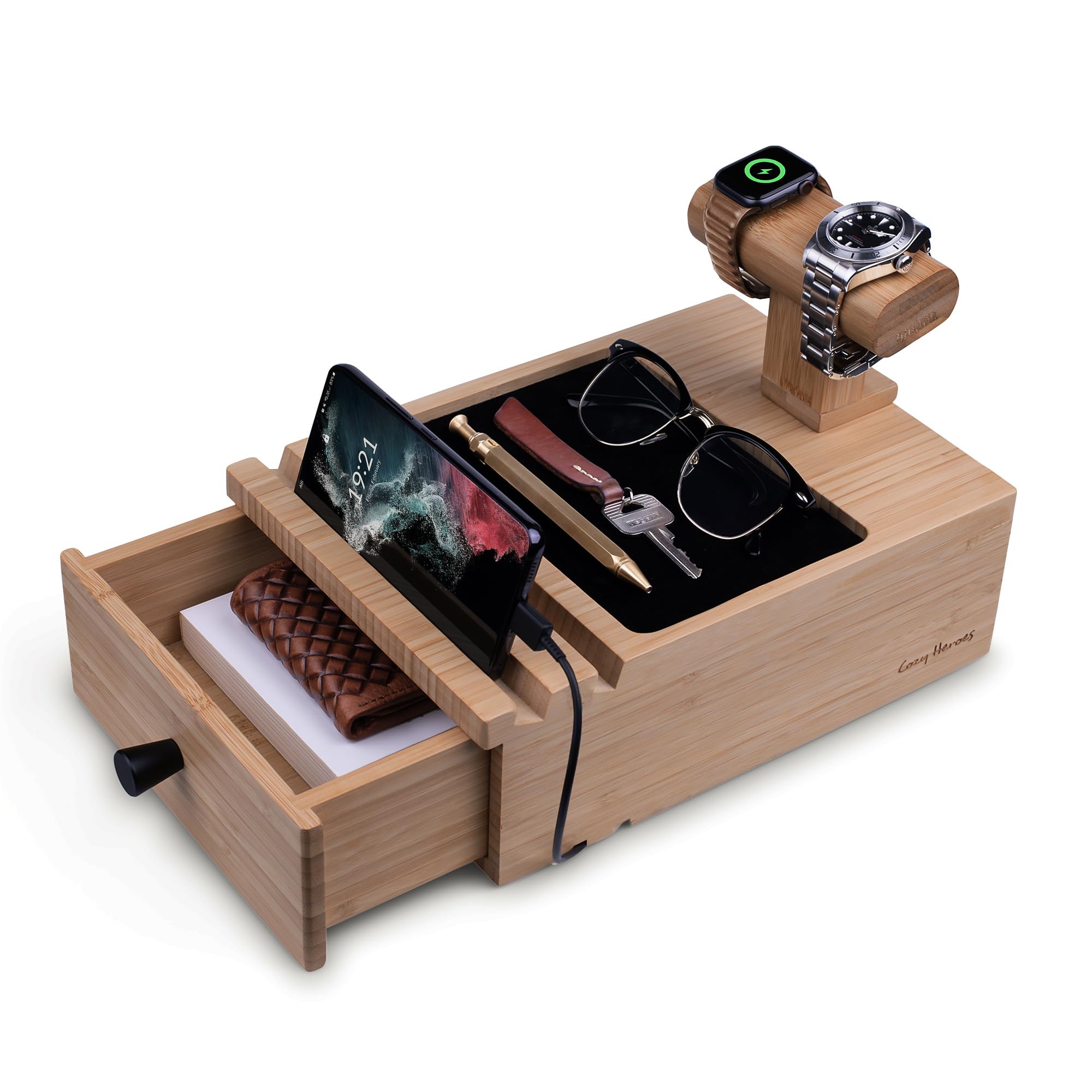 COZY HEROES Nightstand Organizer in Wood with Dual Watch Hangers: Spacious Drawer, Large Valet Tray - Bamboo Wood Charging Station with Multi-Device Compatibility