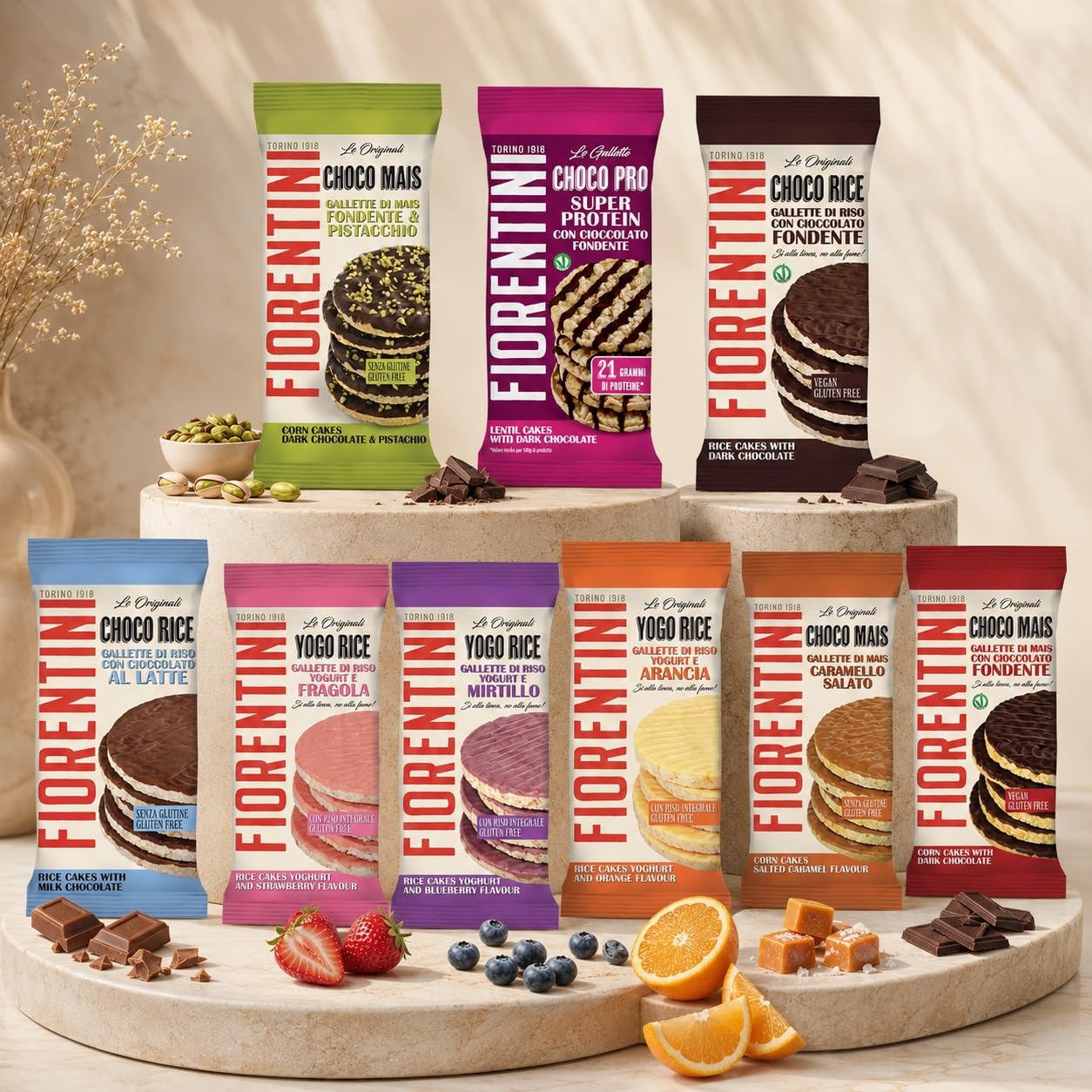 Gallette Assortite Personalizzabili per Fiorentini - 6 Confezioni a Scelta tra Mais, Riso e Super Protein - Gusti Cioccolato Fondente, Pistacchio, Caramello Salato, Latte, Arancia, Fragola, Mirtillo