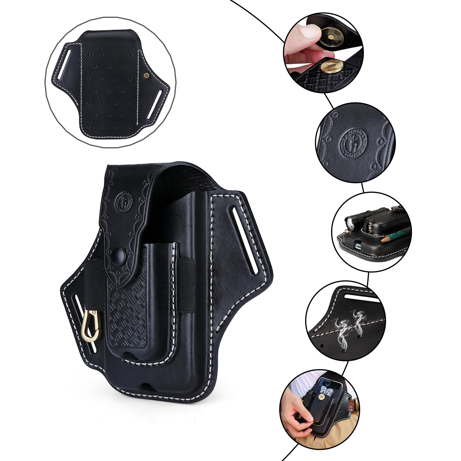 TOURBON Multitool Fodero in Pelle per Cintura EDC Tasca Organizer Porta Telefono per Uomo con Torcia Penna Portachiavi