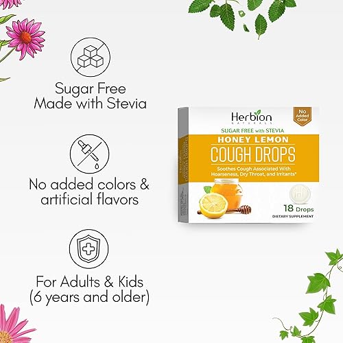 Miniatura 4 de Herbion Naturals Gotas para la tos con sabor a miel y limón, sin azúcar con stevia, suplemento dietético, alivia la tos, para adultos y niños