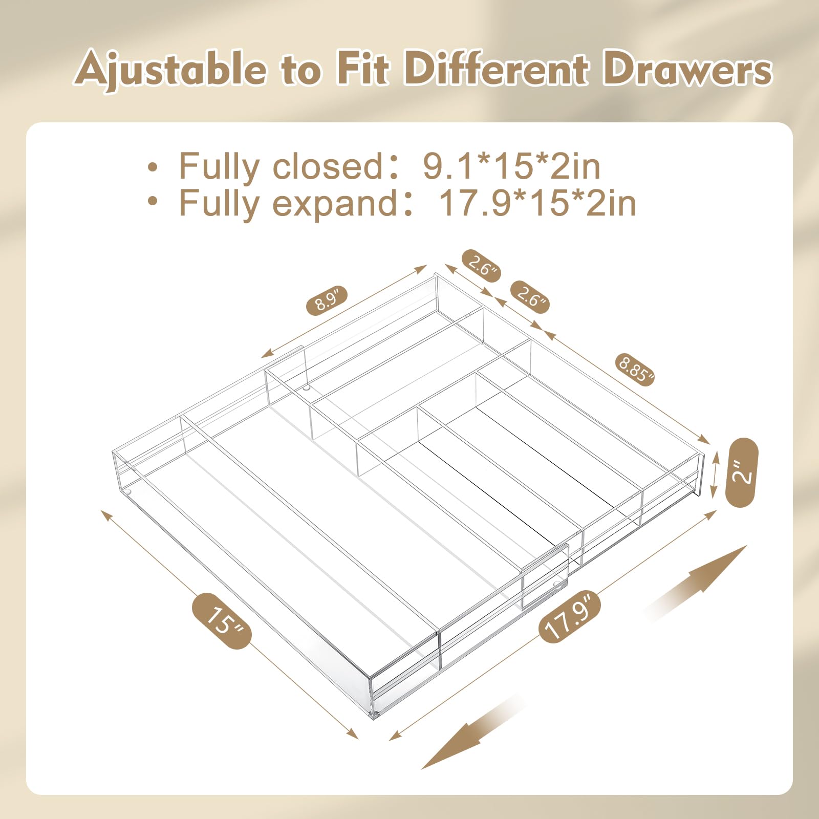 Briwooody 2 organizer per cassetti in acrilico, da 22,7 cm fino a 45,7 x 38,1 x 5,1 cm, espandibile, per penne, quaderni, righelli, trucchi, con 7 scomparti regolabili, per scrivania, ufficio, cucina