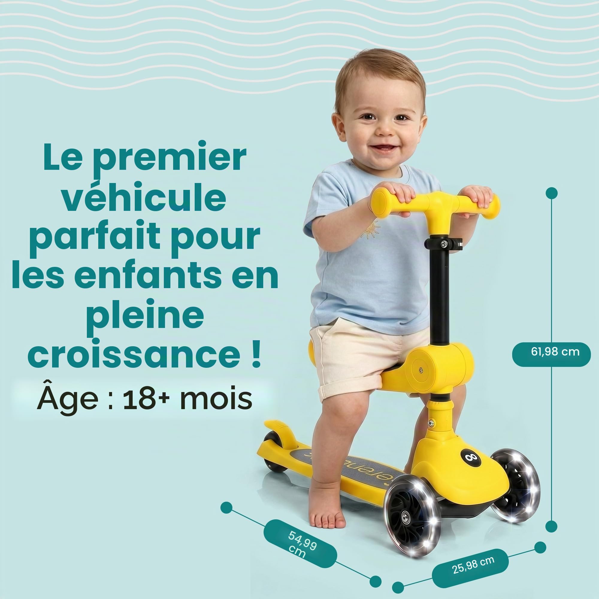 SereneLife Trottinette Enfant 2 en 1 avec Siège – 3 Roues Pliable, Hauteur Réglable, Roues LED