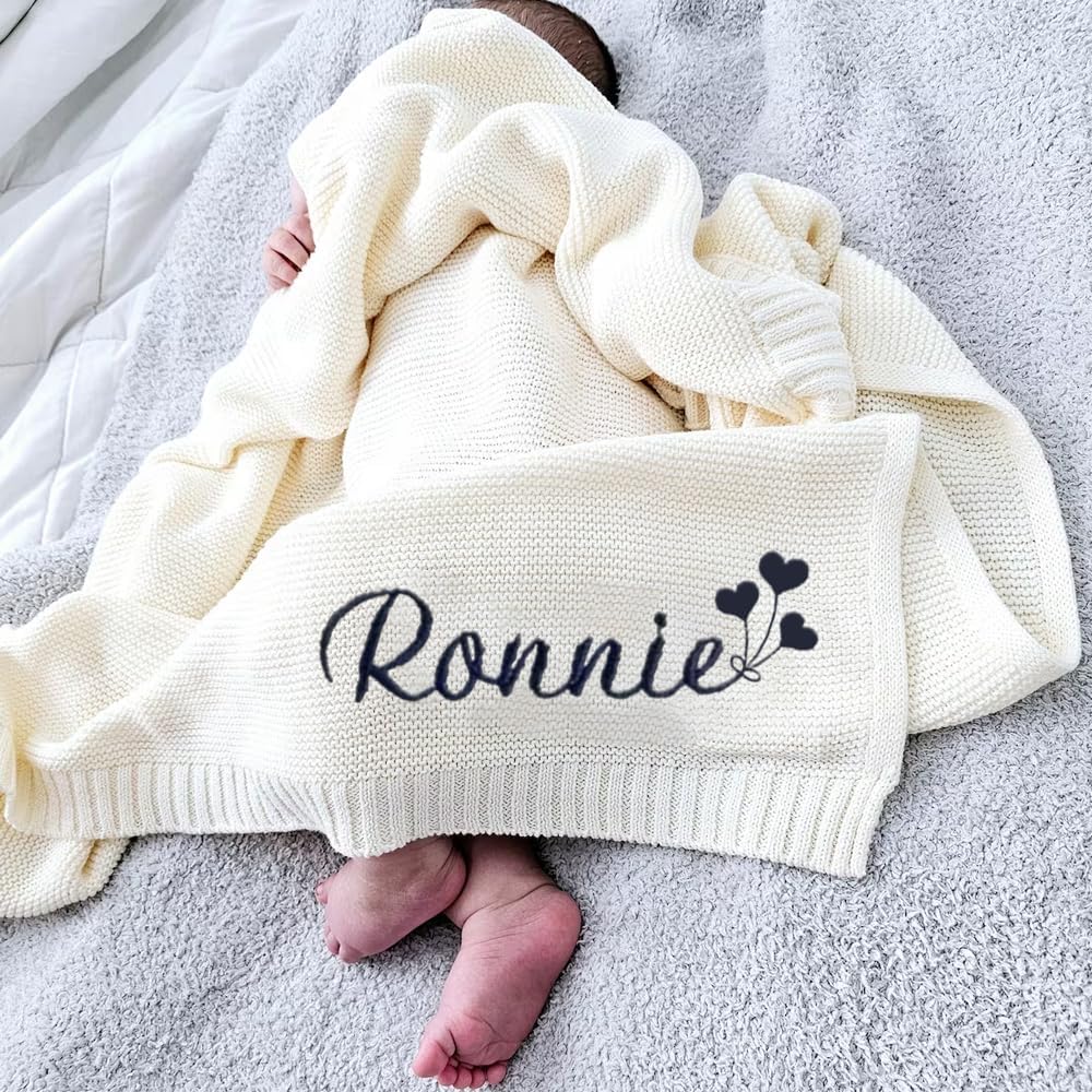 Personalized Embroidered Cotton Knit Blanket - Custom Name, Perfect for Newborns, Boys, Girls, Birthdays & Christmas