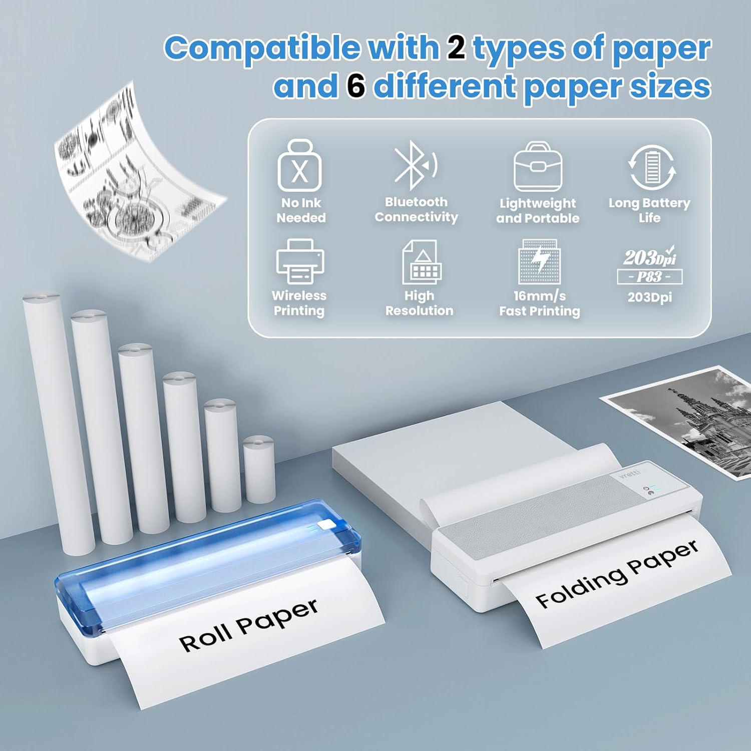 vretti P83 printer showing Bluetooth and USB connectivity options for various operating systems