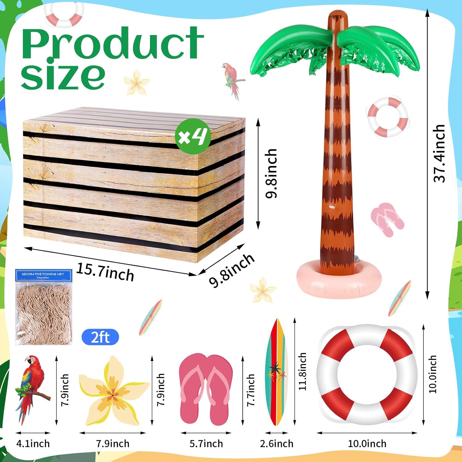 Jellyarch 10 Pcs Inflatable Palm Tree Set Giant Blow up Palm Tree Fake Wooden Boxes Natural Fishing Net Luau Party Decorations Hawaiian Tropical Birthday Party Decorations for Beach Ocean Jungle Decor