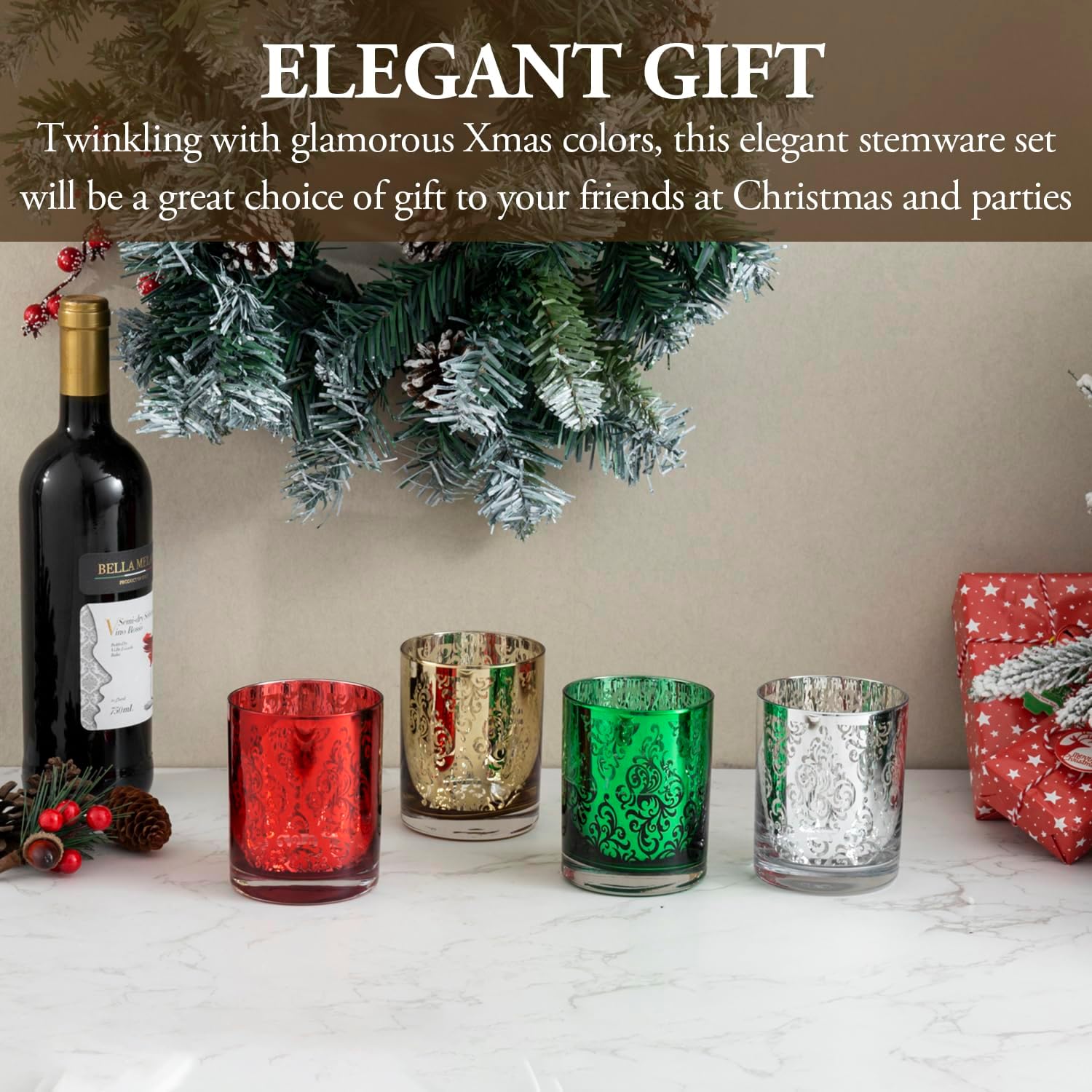 MyGift 12 oz Holiday Multicolor Double Old Fashioned Glasses with Etched Baroque Pattern, Metallic Gold Silver Red Green Color Lowball Whiskey Drinking Glass, 4 Piece Set