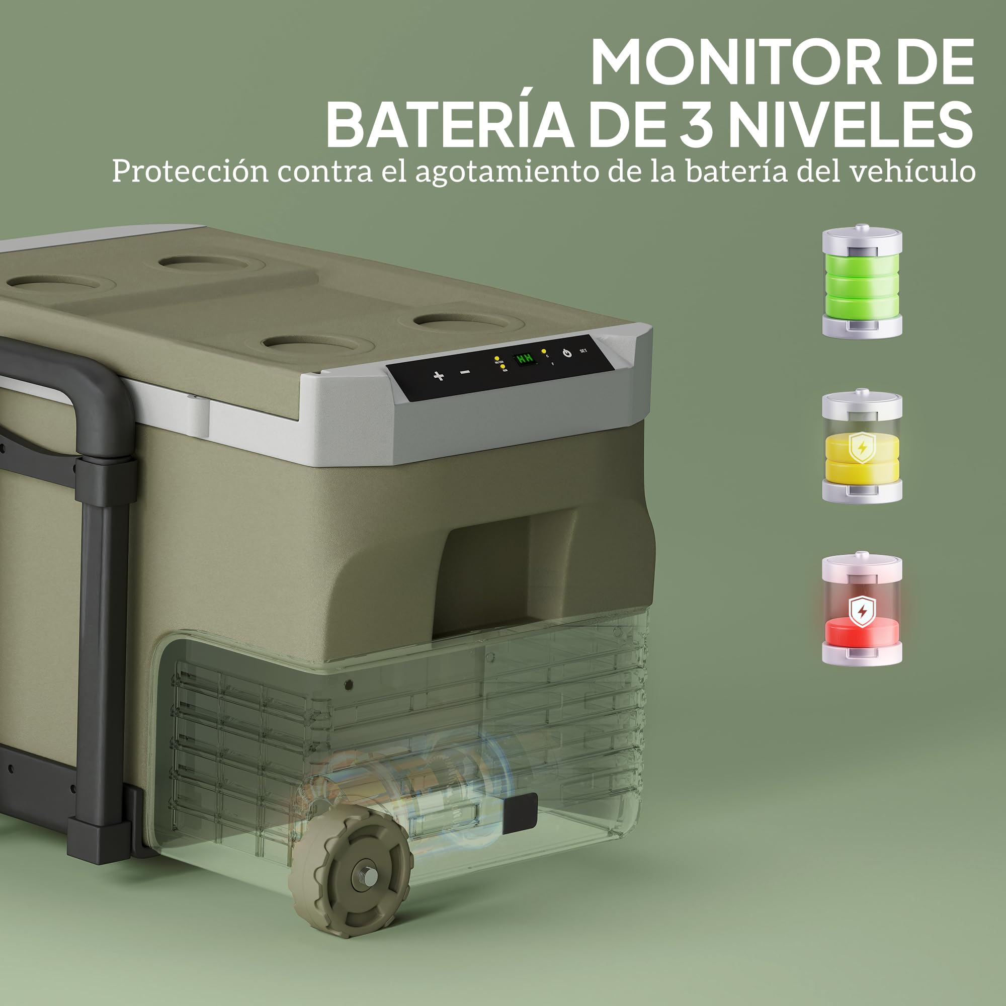 Outsunny Nevera Portátil Eléctrica 30L para Coche 61x39x41,5 cm Verde | -20℃ a +20 ℃, 12V/24V, Mini Frigorífico, Ruedas, Compresor, Pantalla LED Táctil, Hogar Camping Viajes Automóvil