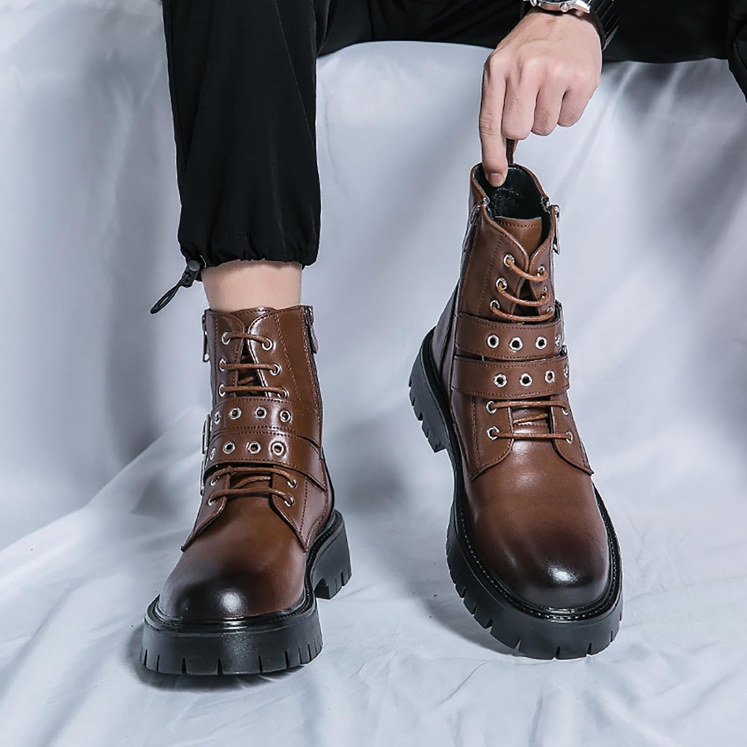 Men's Black Leather Platform Ankle Boots Lace up Side Zip Adjustable Buckle Lug sole Non-Slip Combat Booties Fashion Punk Motorcycle Boots