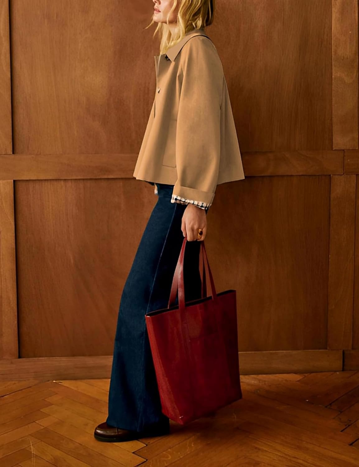 Womens Short Plaid Trench Coat Lapel Button Down Jacket with Pocket - Image 4