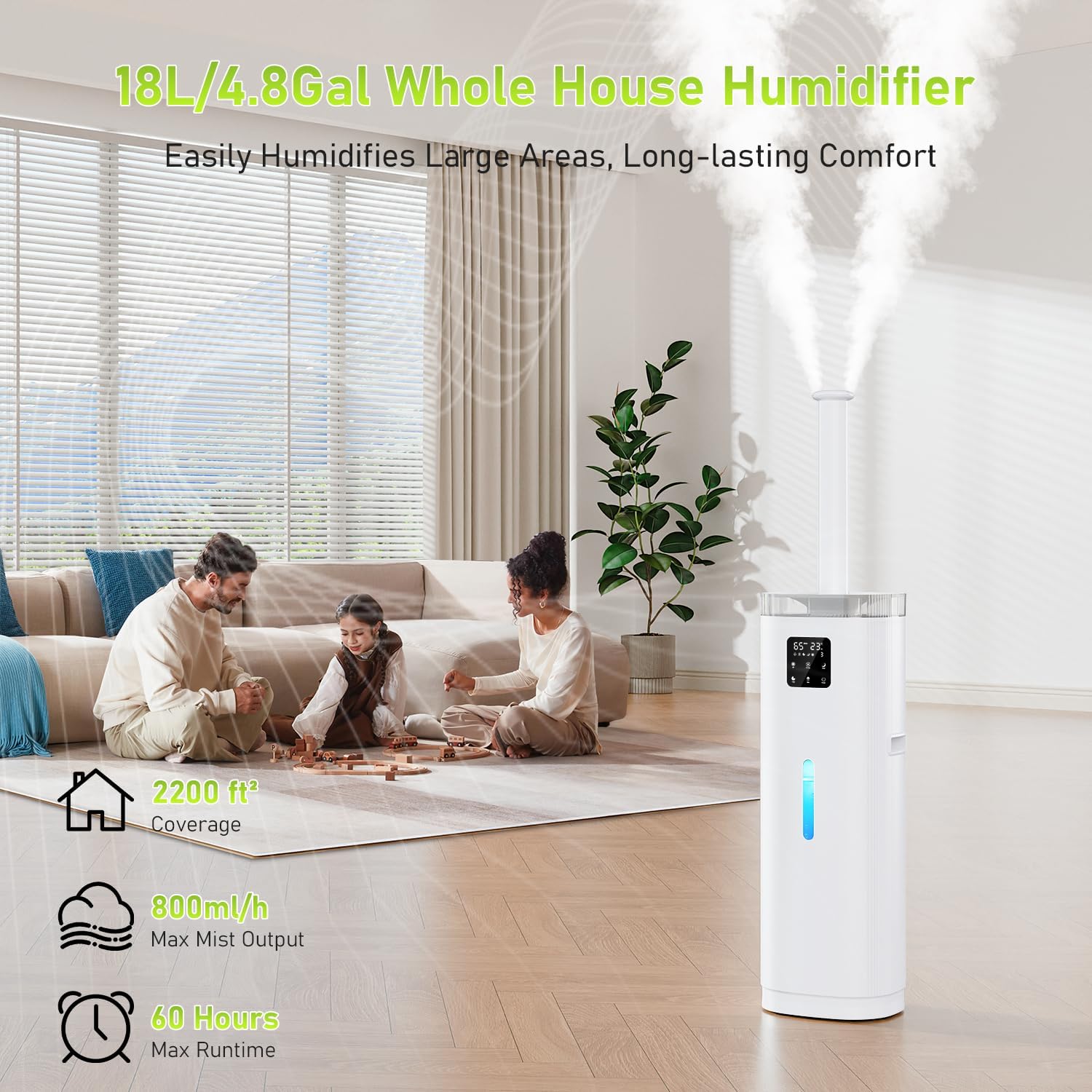 OEARE 18L Humidifier in a living room, illustrating 2200 sq ft coverage, 800ml/h mist output, and 60 hours max runtime.