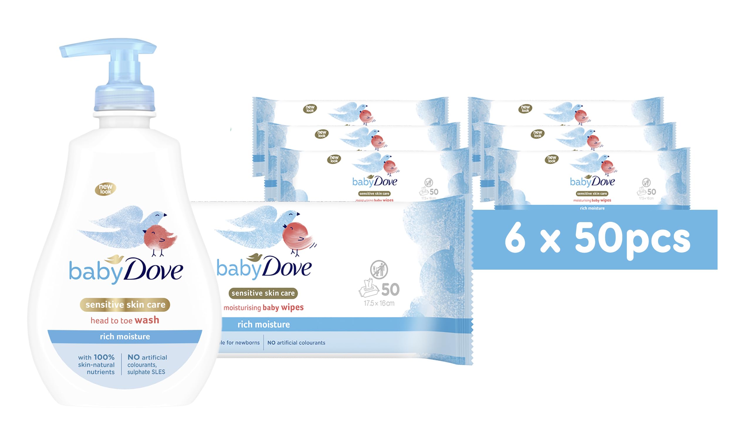 Baby Dove Rich Moisture Baby Wash and Wipes Bundle : Tear-Free Head to Toe Wash (400ml) 6x Baby Dove Rich Moisture Wipes for Soft Skin & Hair