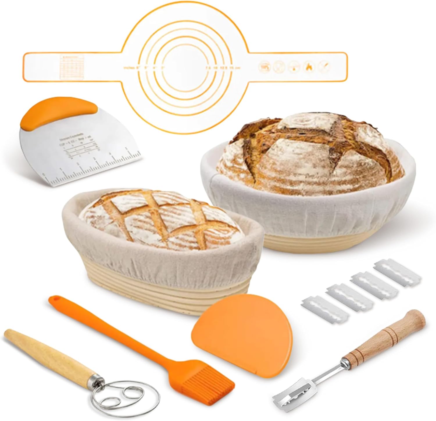 Cheer Collection Bread Proofing Basket Set- Sourdough Starter Kit with Dough Whisk, Scraper & Liner, Bread Making Tools & Supplies for Home Bakers, Sourdough Bread Baking Supplies