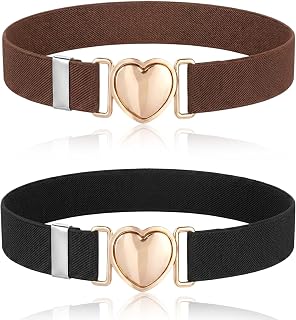 2Pcs Adjustable Polyester Heart Belt Set, Stretch Waistbands with Metal Buckle for Girls, Girls Belts for Dresses and Jeans (Black and Brown)