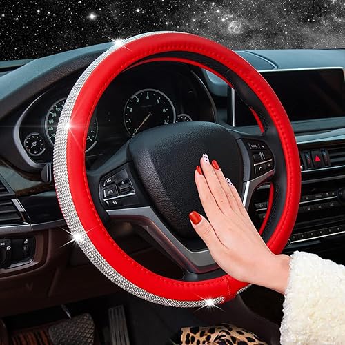 Miniatura 2 de Nueva funda para volante de cuero con diamantes de imitación con brillantes cristales de brillo, protector de rueda universal de auto de 15 pulgadas