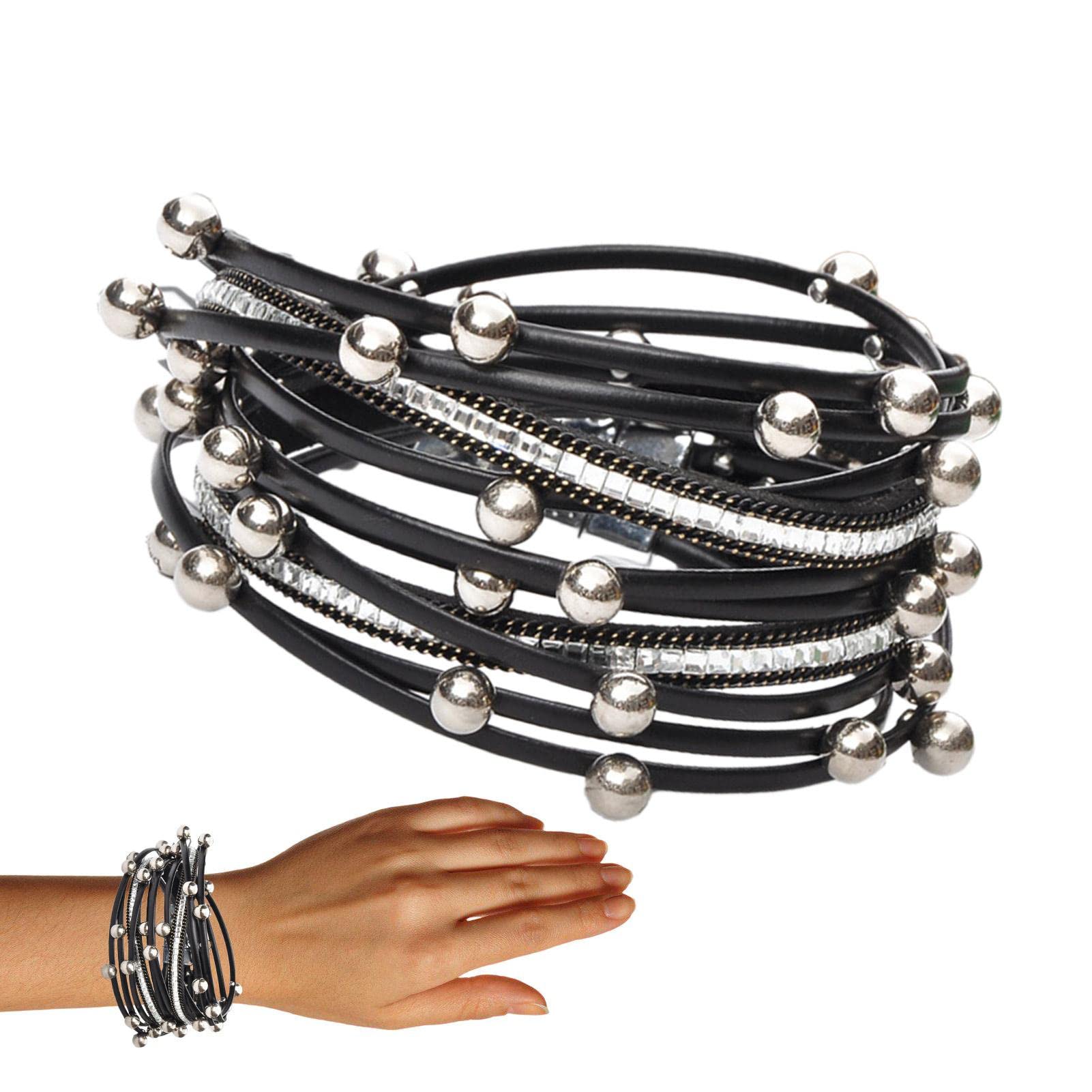 Ravcerol Bracciale Avvolgente di Perle,Braccialetto Rigido con Chiusura in Pelle Multistrato con Perline | Bracciale Avvolgente in Pelle con Chiusura Magnetica per Donna, Braccialetti in Cristallo