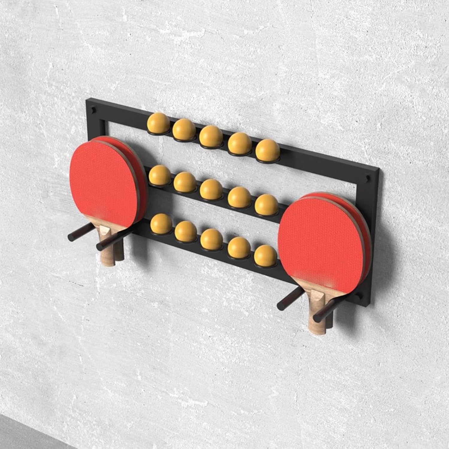 Sports Ball Organizer Holder Shelf Wall Mounted Holder for 4 Paddles and 15 Balls, Black Table Tennis Racket Storage Rack with Installation Fittings, Save Space/Easy to Install
