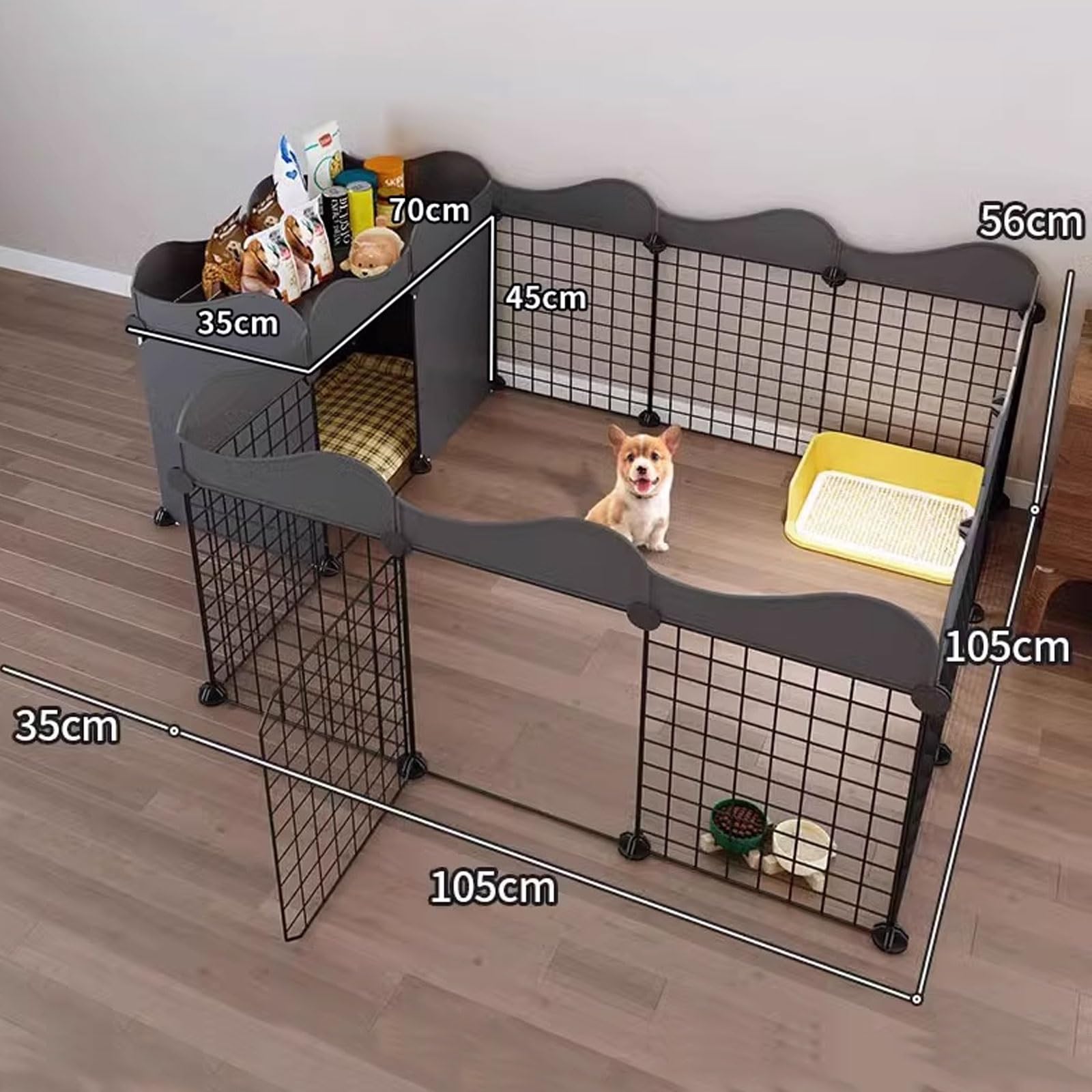 Hundezaun Camping mit Tür & Hundelaufstall für Wohnung Welpen - 56cm Höhe (5 Größen) mit Höherem Maschendraht, Oben Aufbewahrung, 2-in-1 Design, Stabile Spritzguss-Platte für Innen/Außen(140*105*56cm)