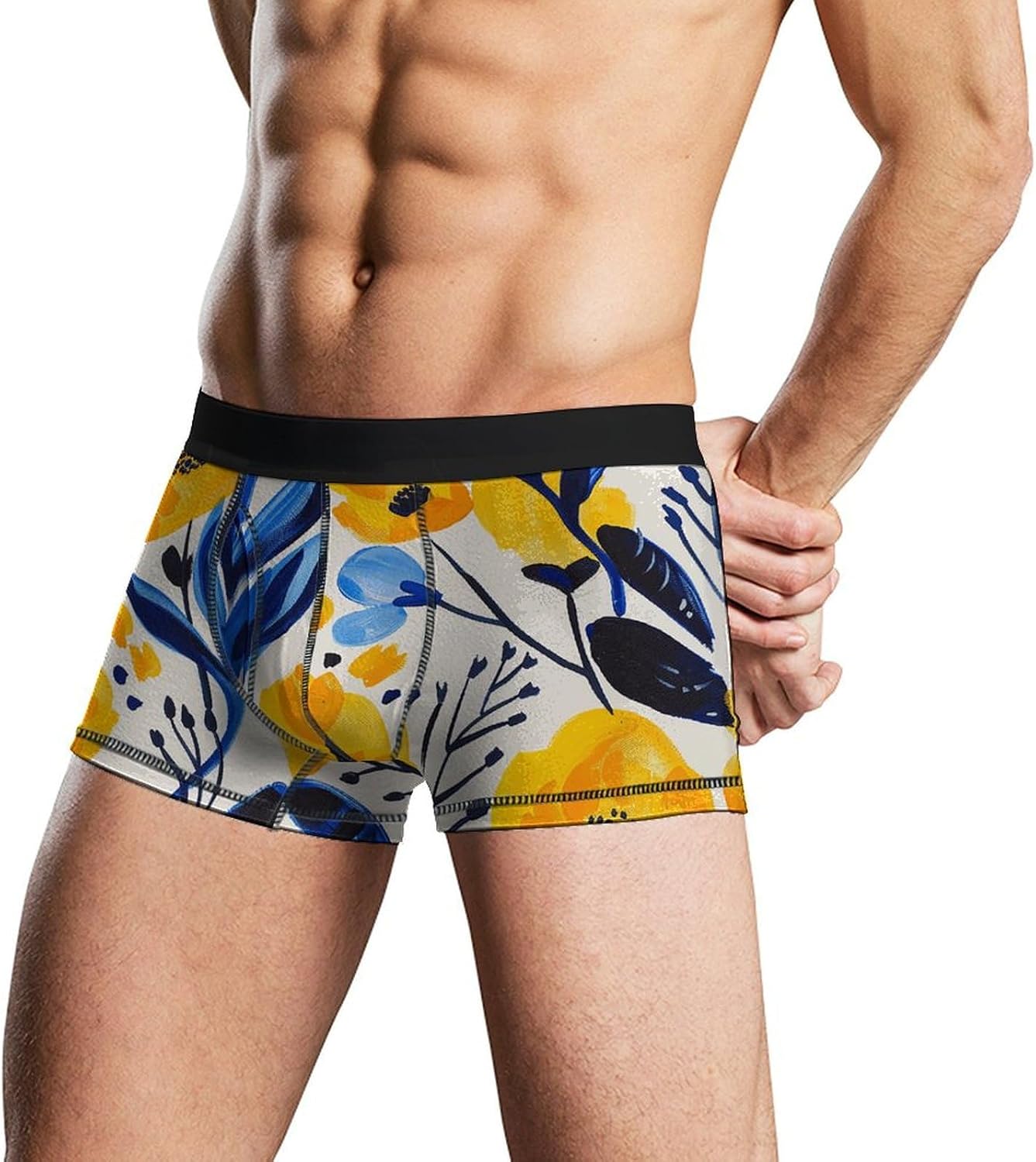Yellow And Blue Flowers Mens Boxer Briefs Short Breathable Underwear Trunks Soft Moisture-Wicking Boxer Shorts Novelty Underpants 2XL
