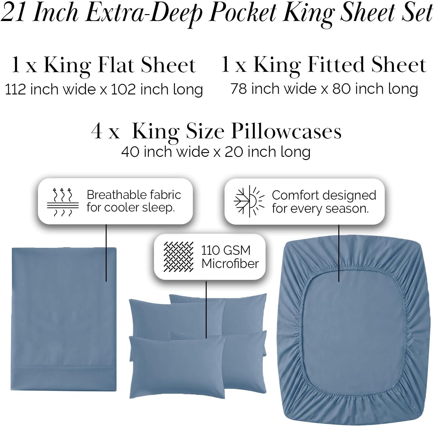 Southshore Fine Living, Inc. 6 Piece, 21 Inch King Size Sheets Set Deep Pockets - Pet Hair Resistant Bedding, Extra Deep Pocket King Sheet Set 78"x80" Hotel Style Breathable Microfiber - Coronet Blue