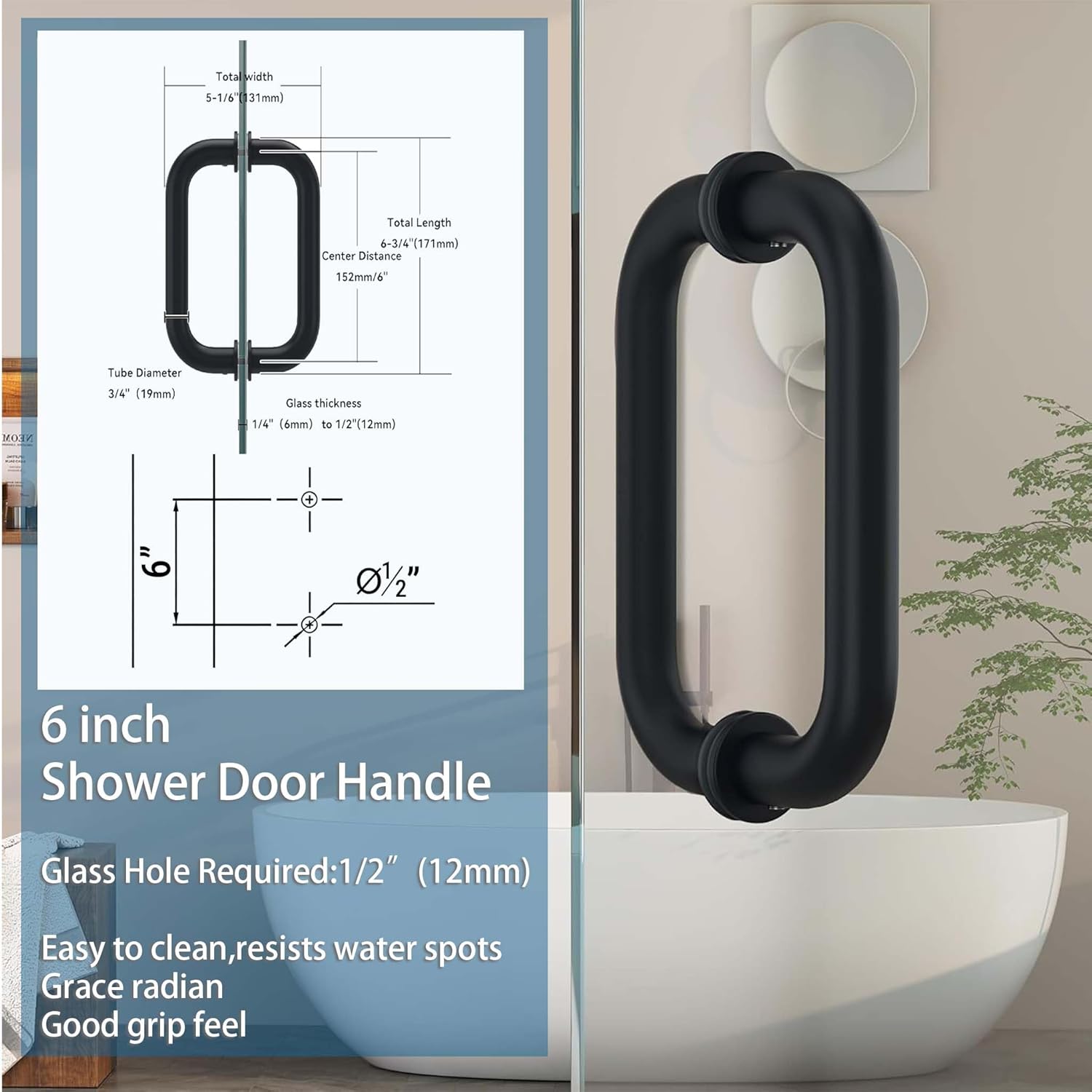 Shower Door Hardware Kit for Swing Shower Door，Matte Black Glass Door Hardware Accessorie for 5/16"-3/8" (8mm-10mm) Tempered Glass，Including Shower Door Hinges and Door Handle