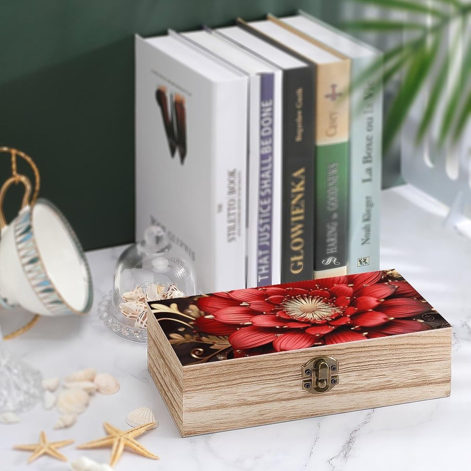 Red Gold Flower Wooden Decorative Storage Box Jewelry Box image 4