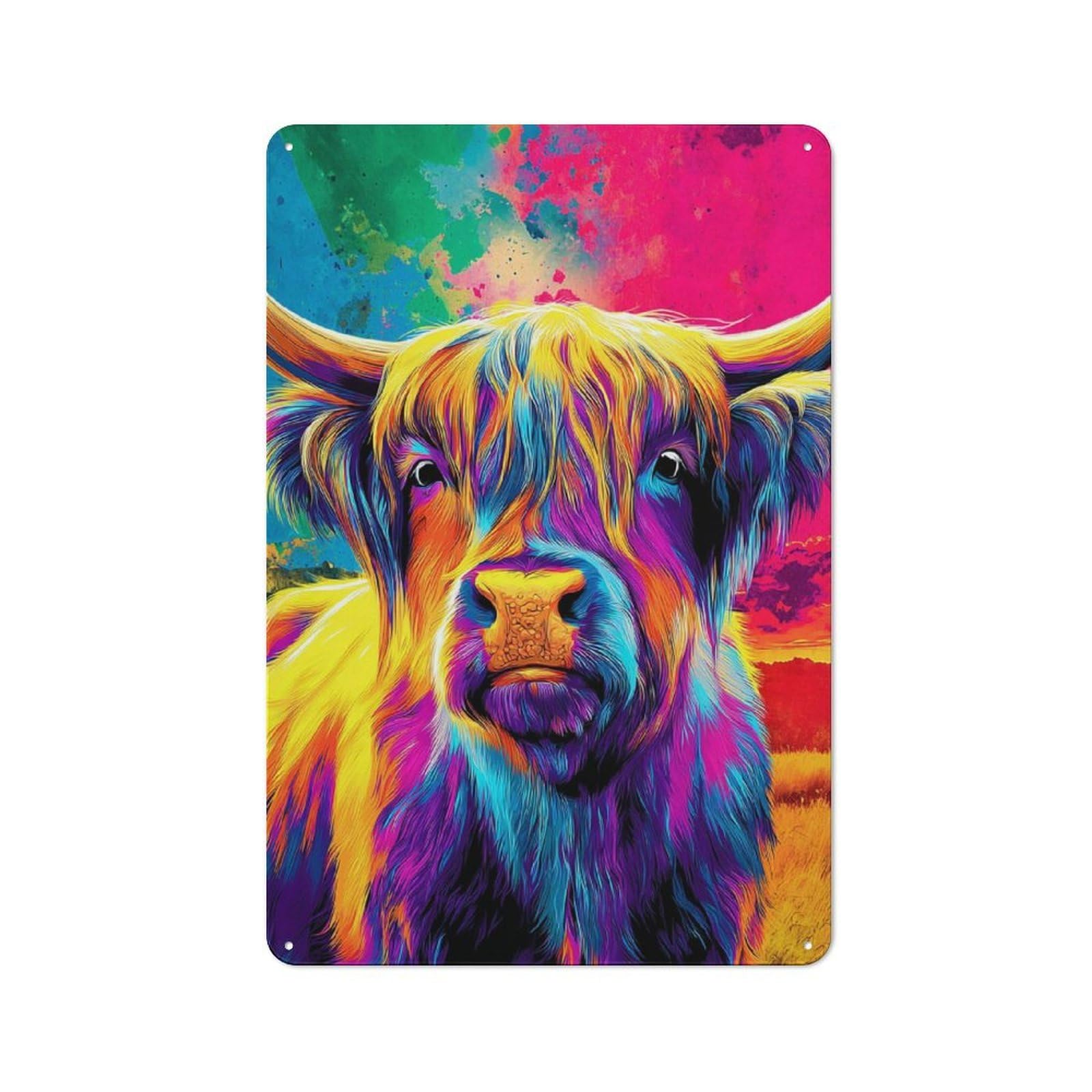 Junmoney Colorful Highland Cow Portrait Vintage Metal Plaque 30X20cm For Home Office Or Studio, Seasonal Metal Wall Decor For Winter Interiors