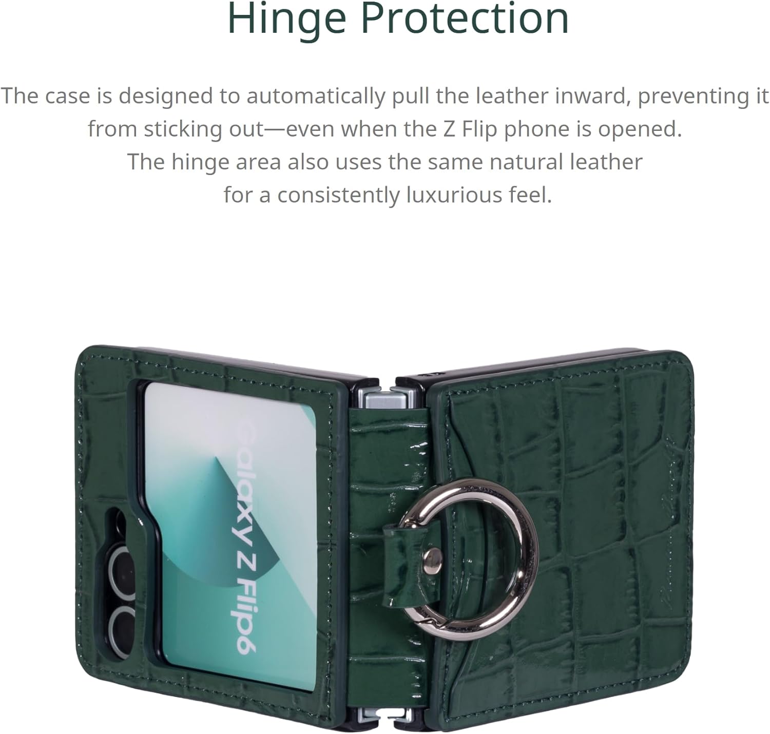 BonAtti Z Flip 6 Case – Compatible with Galaxy Z Flip 6, Premium Genuine Leather with Crocodile Texture, Ring Holder, Card Slot, Hinge Protection – Slim & Stylish Protective Cover (Moss Green)