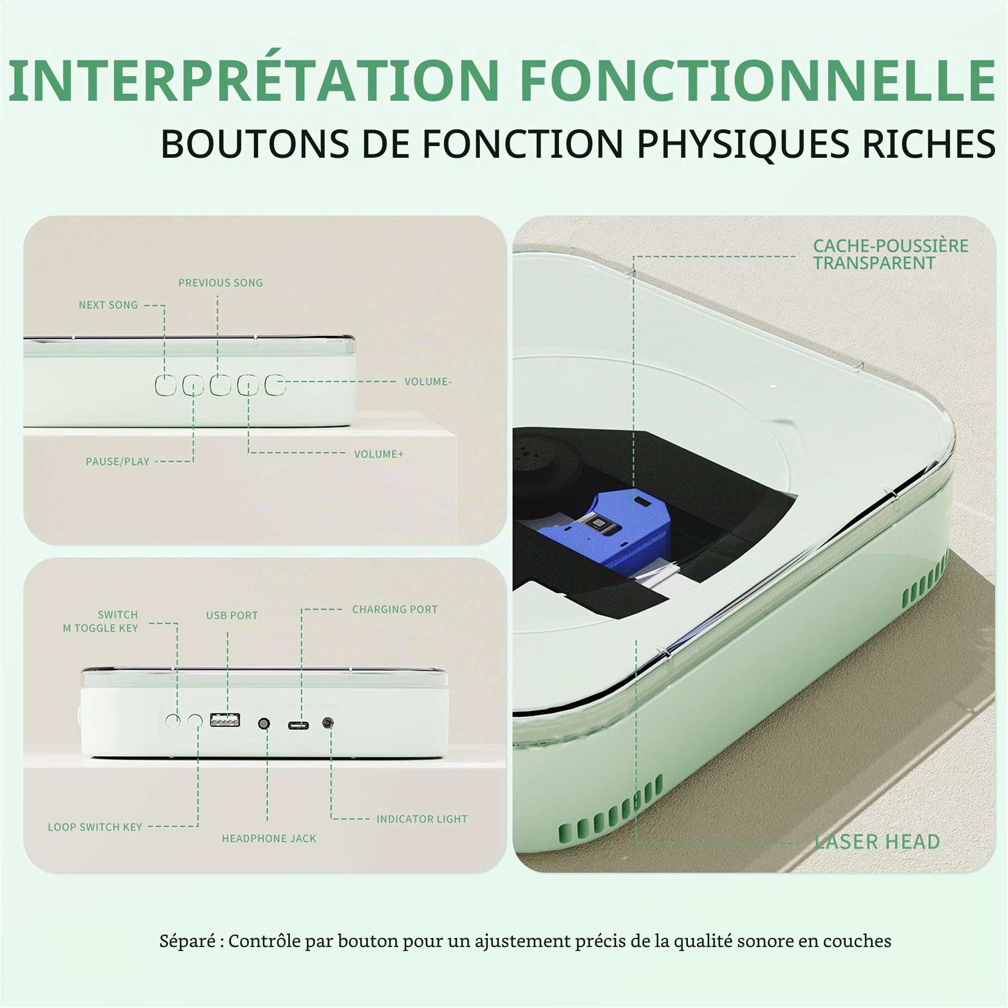 Lecteur CD avec couvercle transparent, Bluetooth, USB, haute fidélité, double haut-parleurs, batterie 2000 mAh