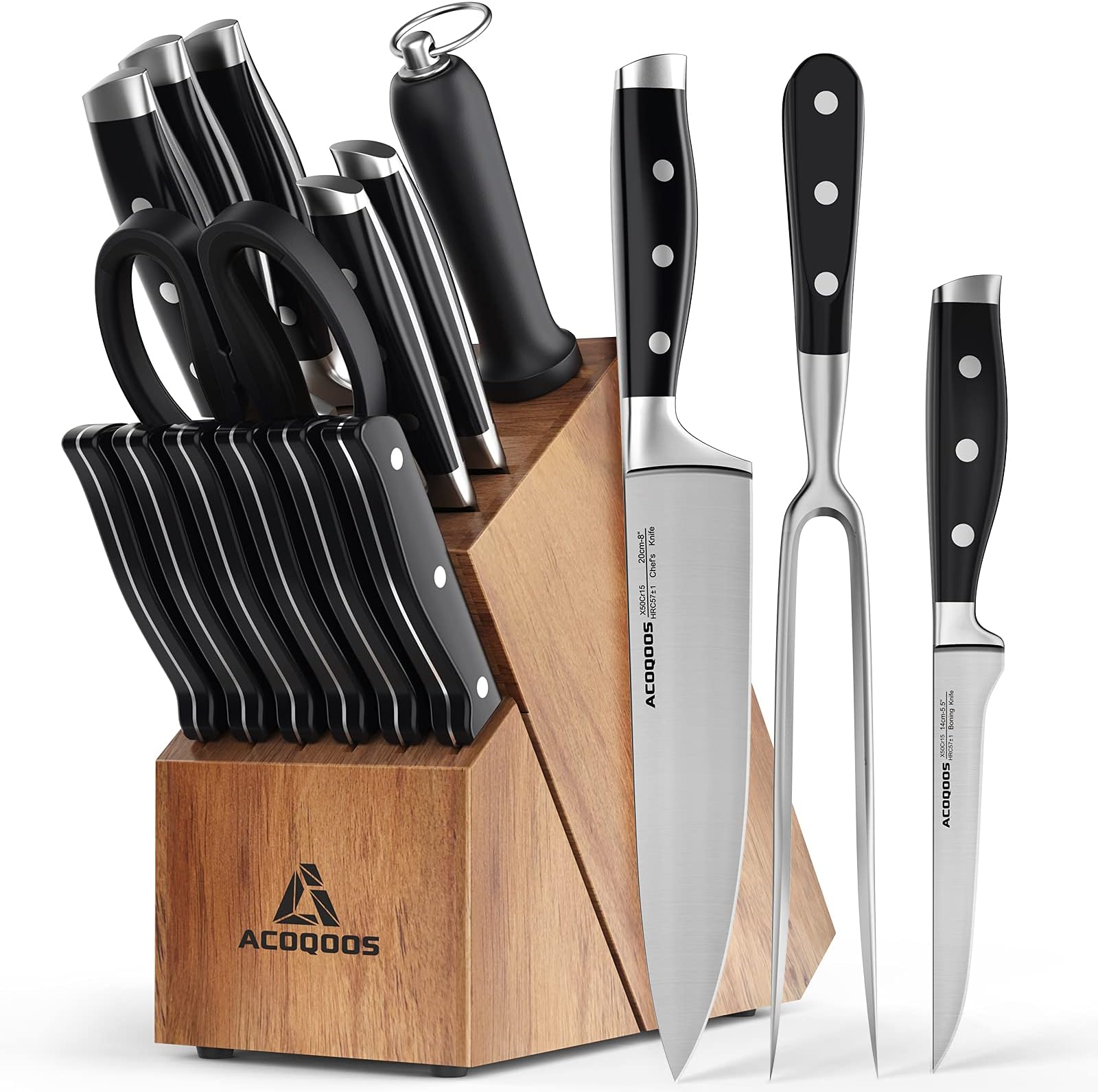 ACOQOOS Knife Set, 17 Pcs Knife Set For Kitchen With Block, German Stainless Steel With Scissors, Knife Sharpener and 6 Serrated Steak Knive