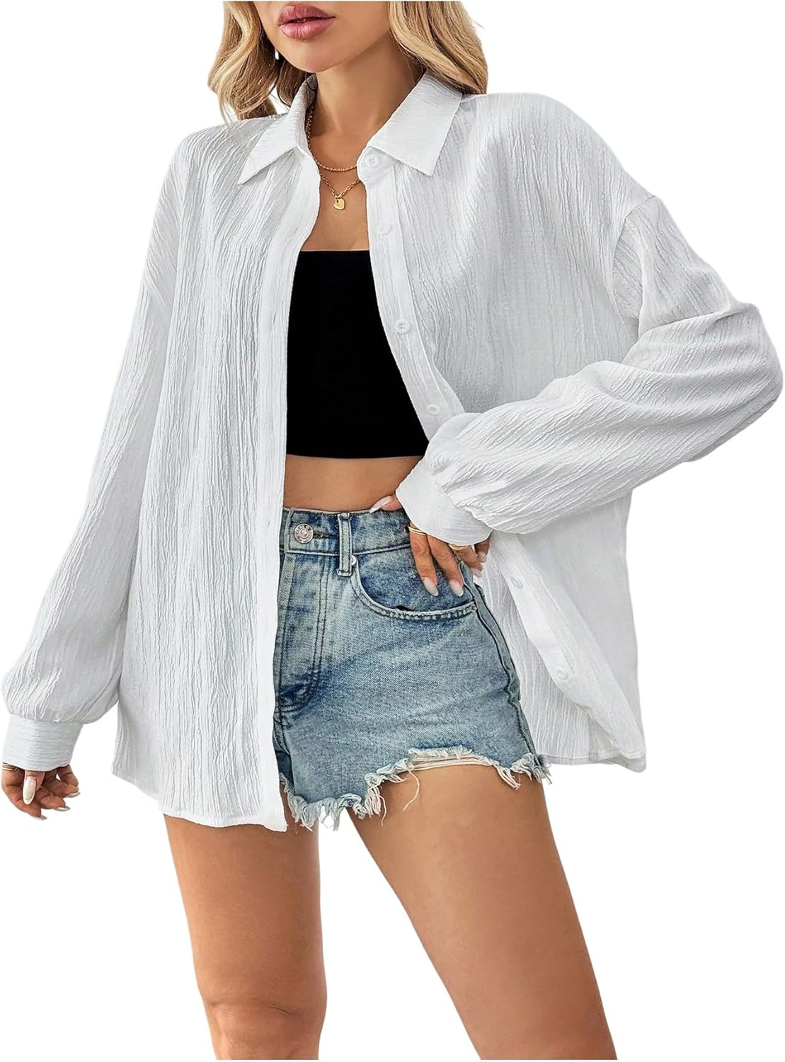 SHENHE Women's Button Down Shirt Casual Long Sleeves Loose Fit Collared Blouses Textured Top