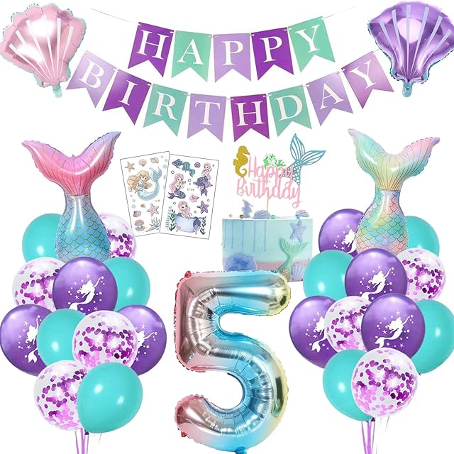 Dekoracja urodzinowa syrenki, balony na urodziny dziecka, dla dziewczynki, zestaw na imprezę tematyczną z balonem foliowym, girlanda Happy Birthday, topper na tort i tatuaże (fioletowy 5)