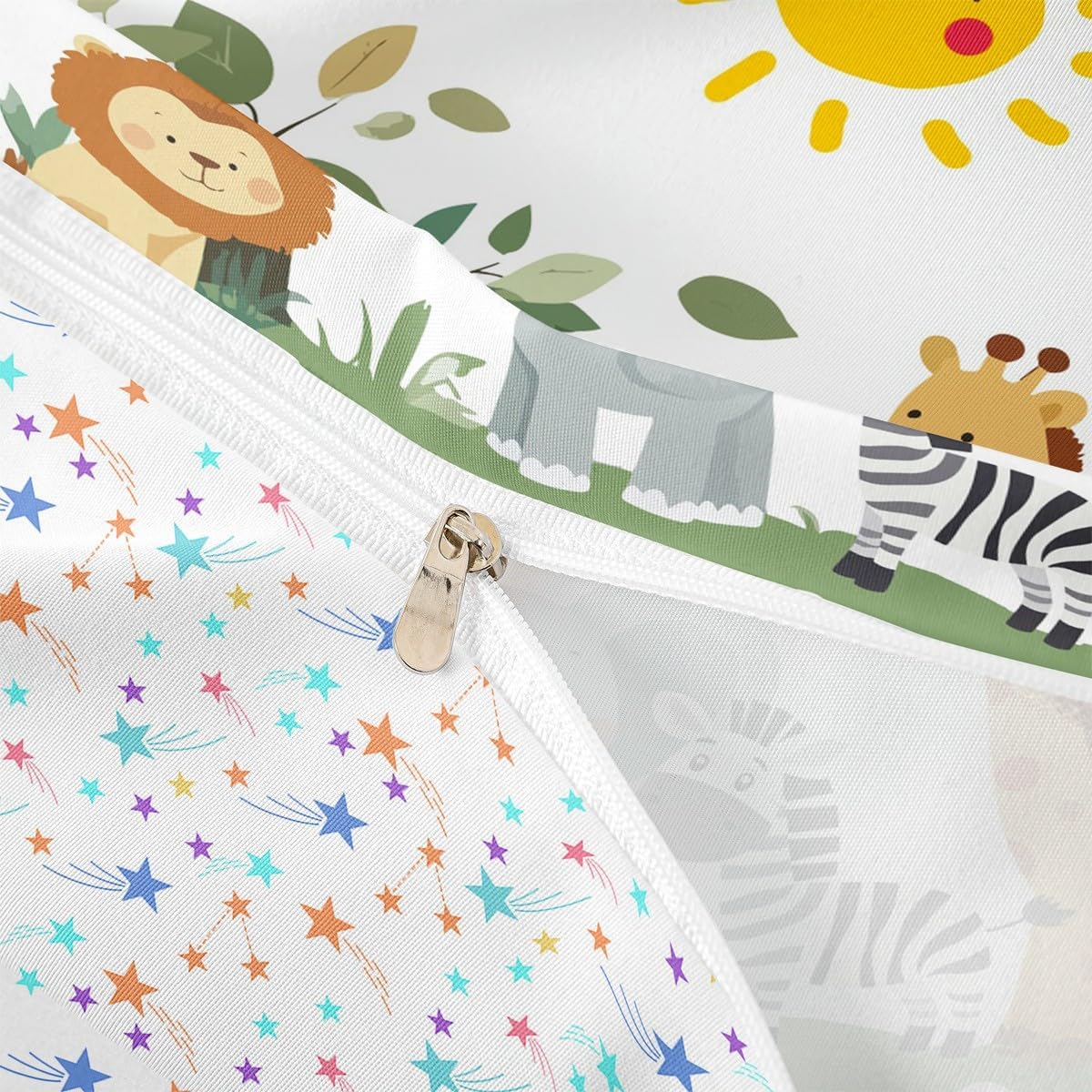 Feelyou Cute Jungle Animals Comforter Set Twin Size Kids Elephant Giraffe Lion Zebra Duvet Quilt for Boys Girls Teens Cartoon Wild Animal Nature Wildlife Bedding Set Breathable Soft Room Decor 2Pcs