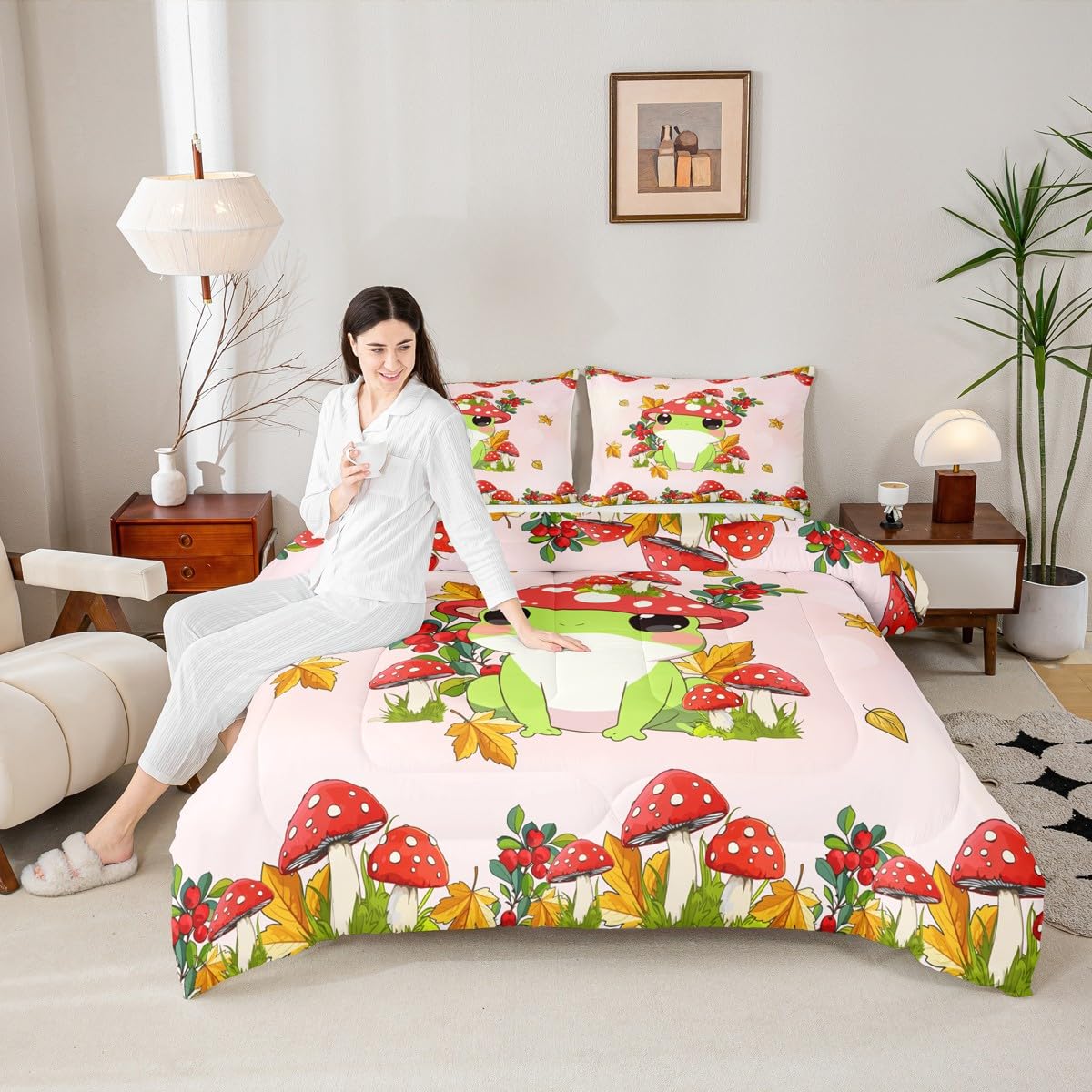 Parure de lit rustique grenouille aquarelle housse de couette champignon fille