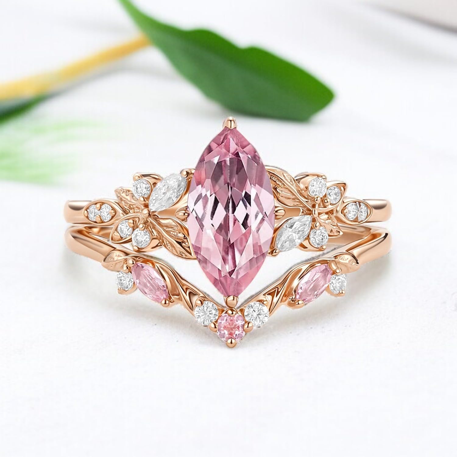 Marquise Cut Pink Morganite Wedding Ring Set 14K Gold Plated Vintage Leaf Engagement Ring Diamond Cluster Stacking Ring Christmas Gift