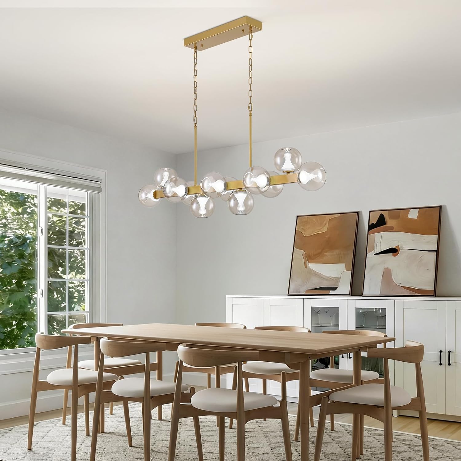 CROSSIO Mid-Century Sputnik Globe Chandeliers Gold 16-Light Rectangle Chandelier Modern Linear Pendant Light Fixtures for Dining Room Kitchen Island Over Table L47