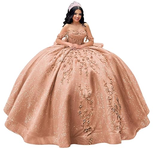 KPDFIF Lace Applique Quinceanera Dresses Beaded Off Shoulder Sweet 16 Dress with Ruffle Sparkly Tiered Tulle Ball Gown