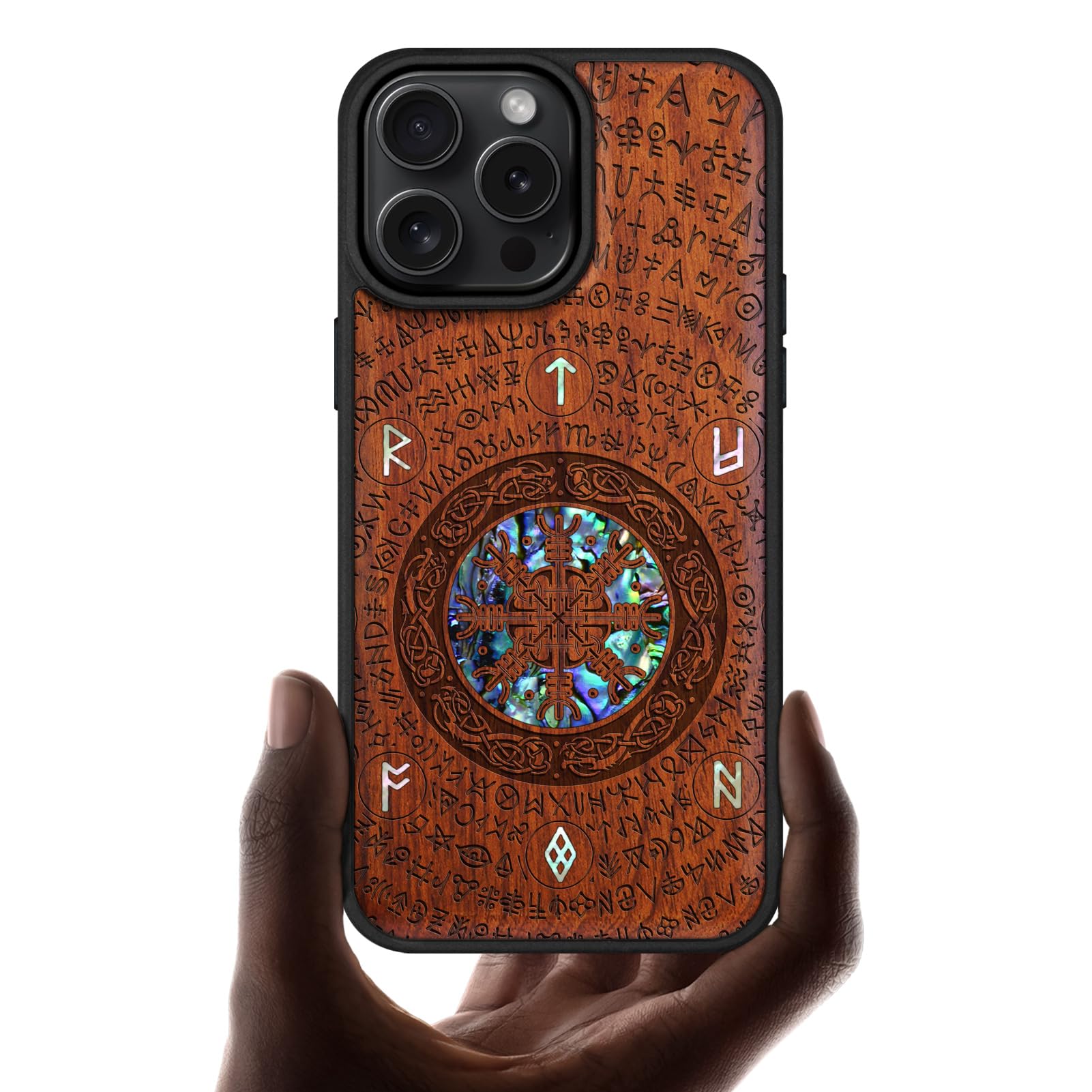 Carveit Handcrafted Case for iPhone 16 Pro Max, Viking, Rosy | iPhone 16 Pro Max Case Compatible with MagSafe Wireless Chargers, Wood Engraved & Shell Inlaid, TPU Shockproof Bumper Viking-Red