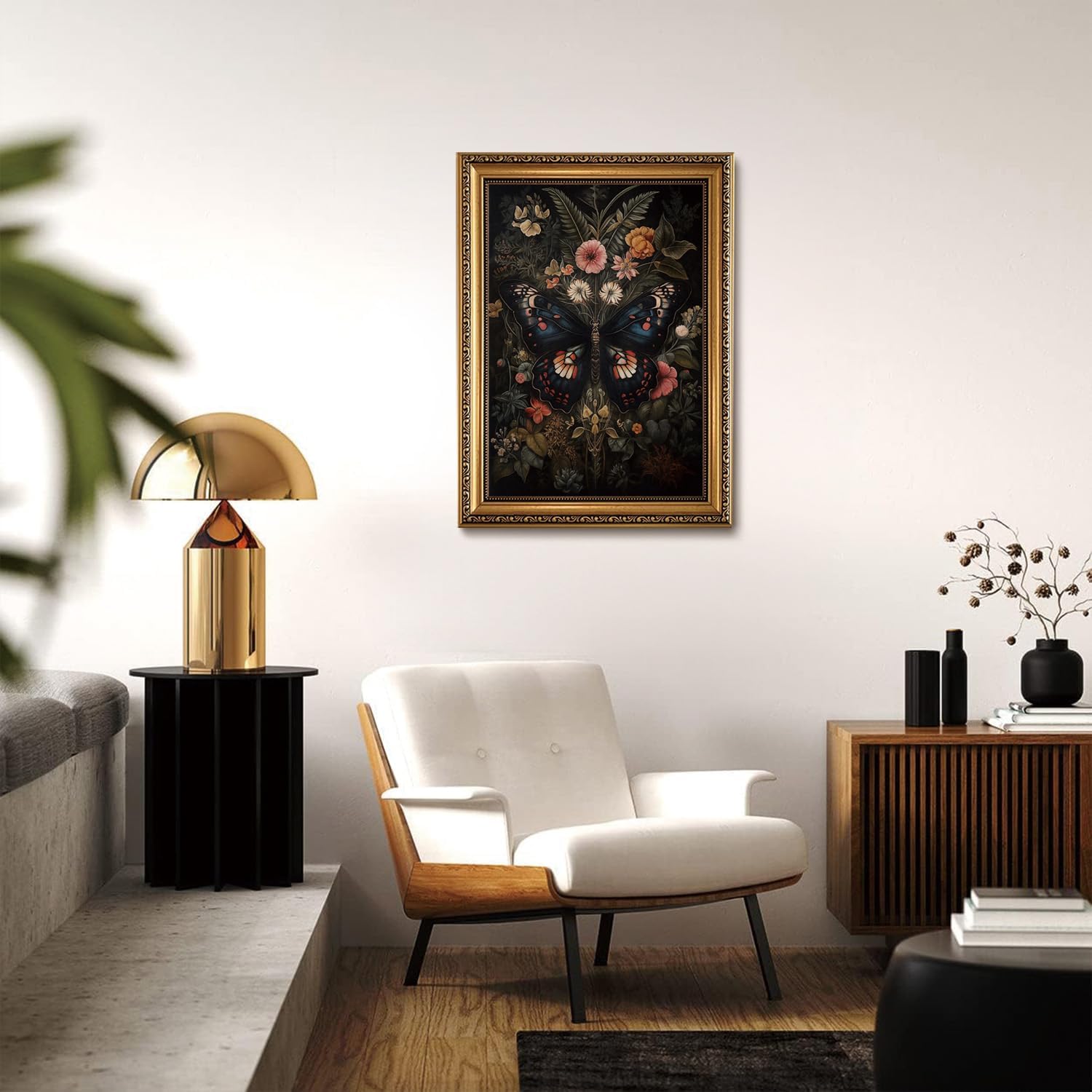 Mrysuart Vintage Gold Framed Wall Art Dark Academia Butterfly Canvas Prints Gothic Botanical Floral Pictures Wall Decor Cottagecore Paintings Artwork for Living Room Bedroom 16x24in