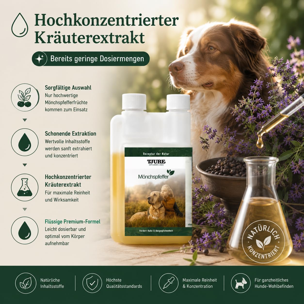 TJURE Mönchspfeffer Liquid für Hunde | 500 ml | Ergänzungsfuttermittel für Hunde mit Mönchspfeffer | Pflanzliche Rezeptur zur Unterstützung in besonderen Phasen | Made in Germany