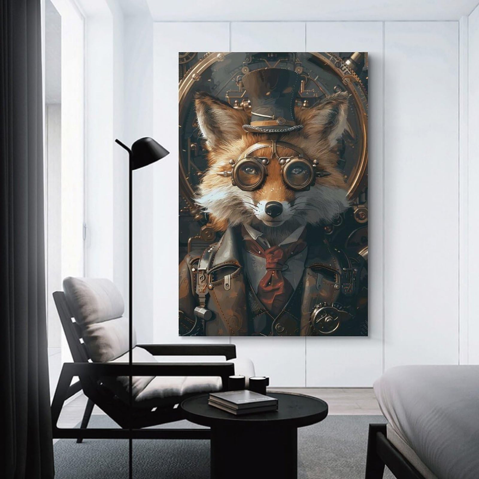 Junmoney Steampunk Animal Fox Wall Art Print, 24x36inch(60x90cm), for Lounge Decor, Bedroom Walls Or Flats, Decorative Artwork for Empty Walls