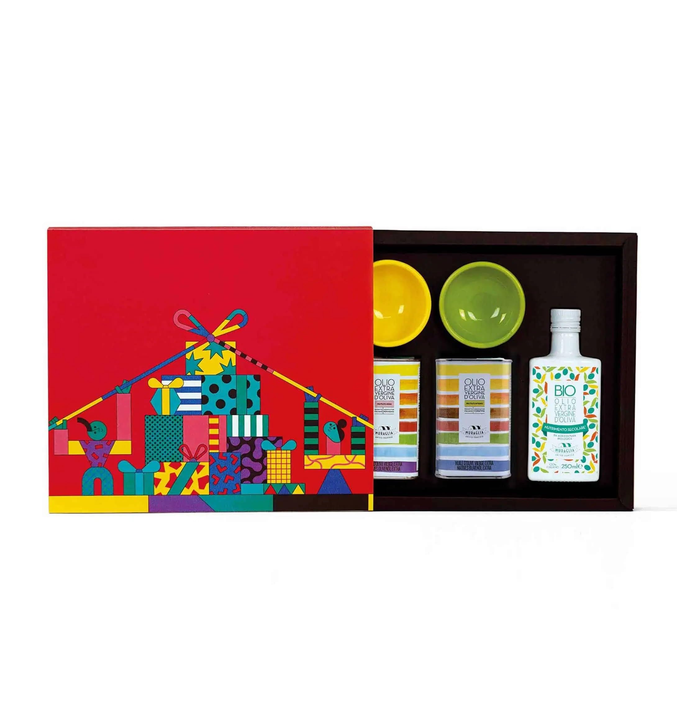 Frantoio Muraglia - Pacco regalo Degustazione con Olio Extra Vergine di oliva - 5 Articoli - Essenza Fruttato Intenso, Medio e Denocciolato - Creato e Decorato a mano dai nostri artigiani pugliesi