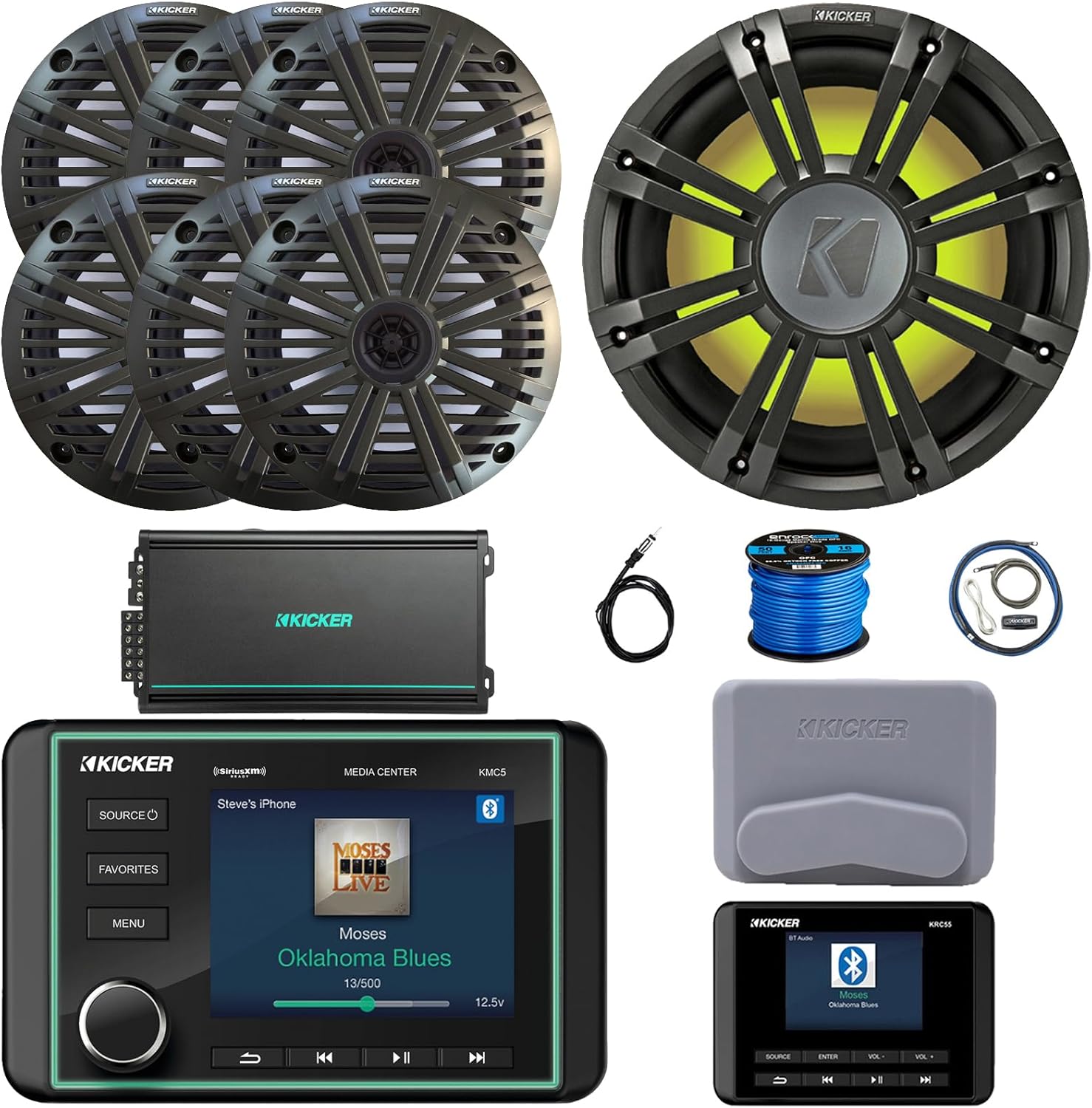 Kicker KMC5 Marine Bluetooth USB/AUX WB AM/FM Gauge Style Receiver W/Controller, 6X 6.5 195W Peak Coaxial Speakers W/Charcoal Grilles, 10" Subwoofer W/Charcoal Grille, Amplifier W/Kit, Antenna, Wire