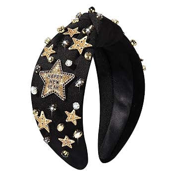New Years Eve Headbands for Women Beaded Happy New Year Headbands Jeweled NYE Star Headband Gold Rhinestone Crystal Knotted Headband New Years Eve Accessories Party Favors Gifts Star 1