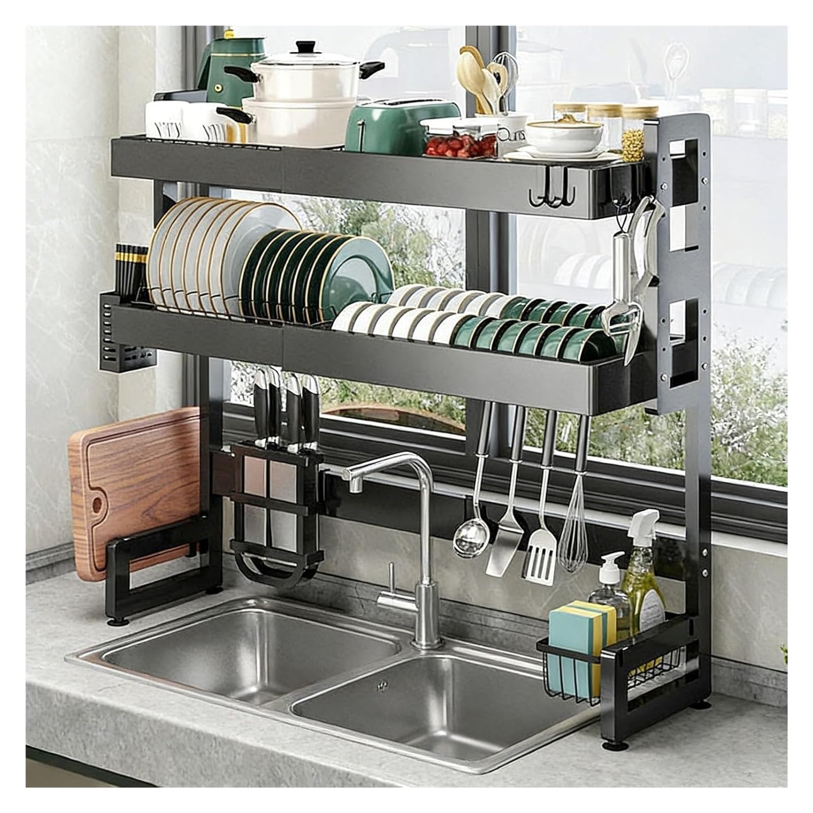 Scolapiatti in acciaio al carbonio per lavello da cucina, sopra lo stendibiancheria, salvaspazio, larghezza regolabile da 60 a 100 cm, accessori completi (doppio strato)