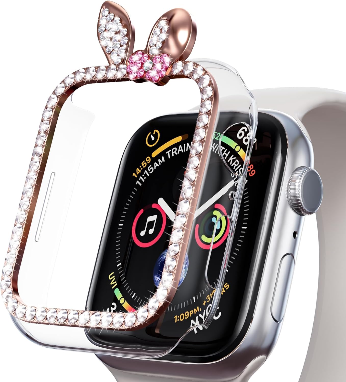 AKABEILA Compatible for Apple Watch 7/8/9 45MM Watch Case, Women Gils Glitter Diamond Rhinestone Bumper Protective Cover for iWatch Smartwatch Accessories Rabbit - Rose Gold